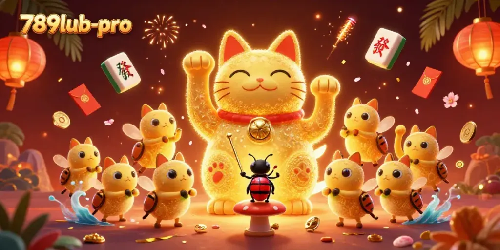 Experience the excitement of 789lub-pro with a vibrant casino-themed illustration featuring a lucky cat and engaging symbols.