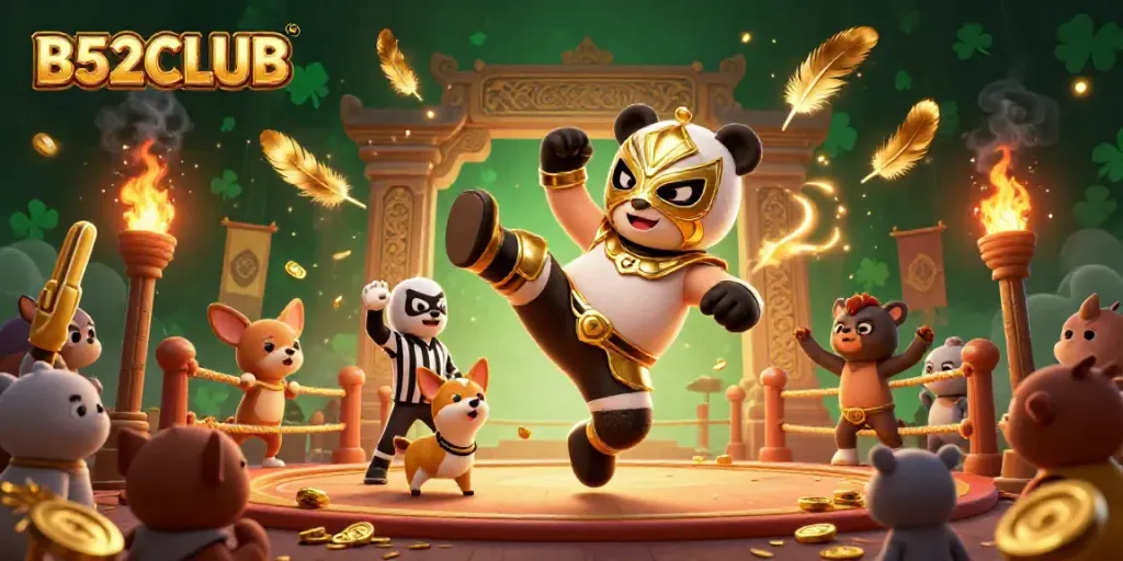 B52CLUB tournament scene with a panda wrestler, chihuahua referee, and cheering animals