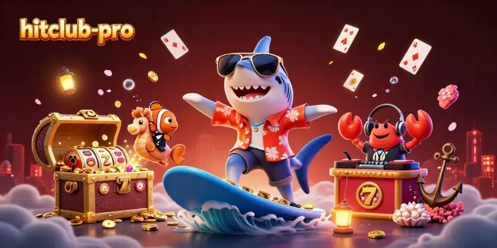 Hitclub-pro illustrates a hammer-head shark surfing on gold coins amidst exciting casino elements.