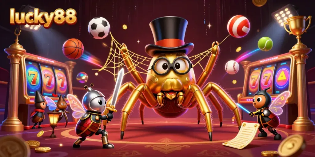 Experience excitement at lucky88 with a lively casino scene featuring a golden spider and brave beetle knight.