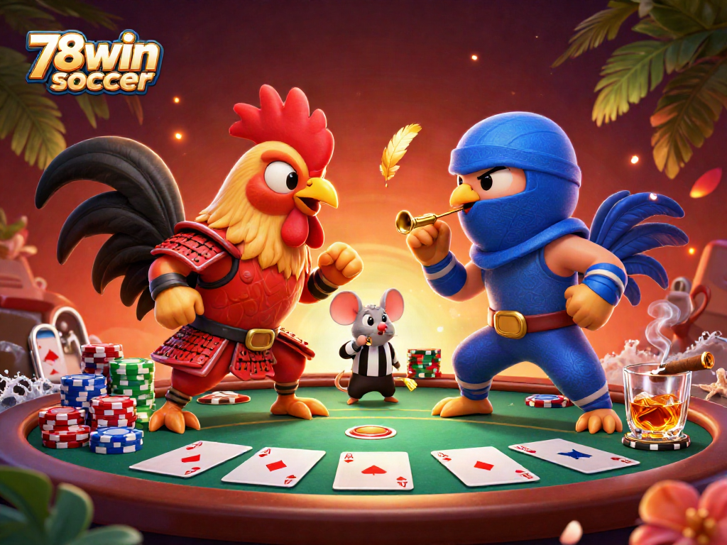Witness the thrilling standoff of fighting roosters in samurai and ninja gear at 78win soccer.