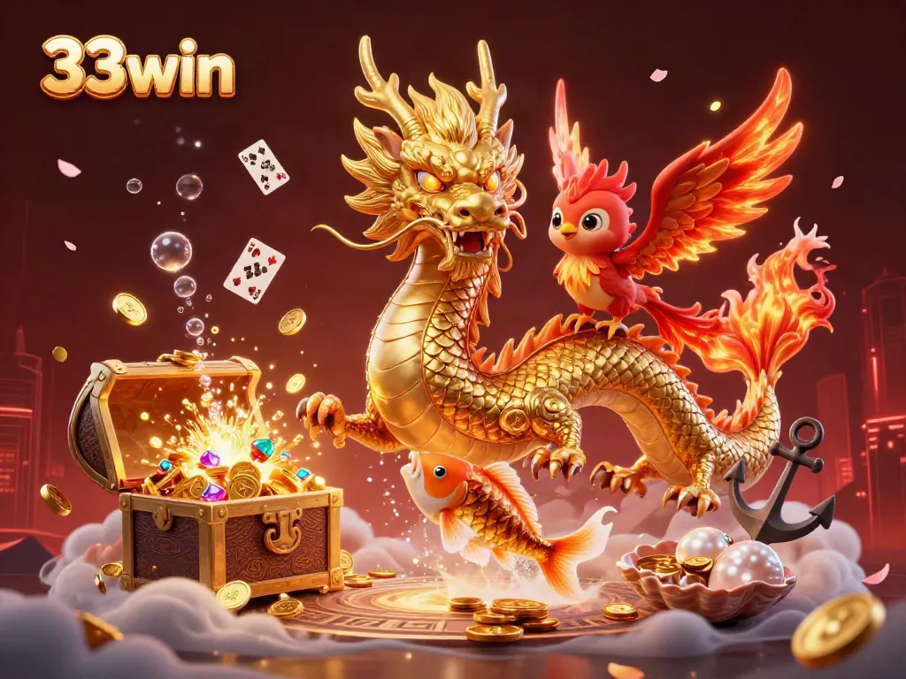 Immerse in the vibrant world of 33win with a golden dragon, phoenix, and koi fish amidst dynamic casino elements.