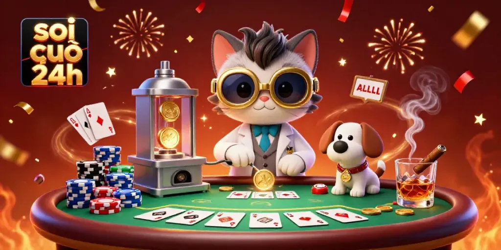 Engage with soi cầu 24h through an interactive 3D illustration featuring a mad scientist cat and dog amidst vibrant poker elements.