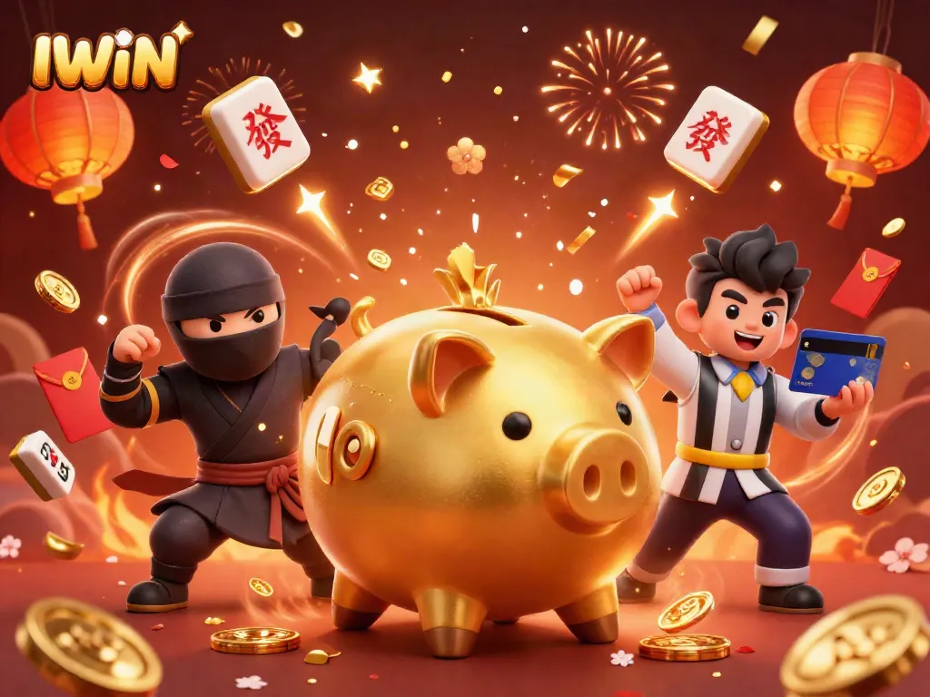 Engage with IWIN's vibrant casino scene illustrated with a golden piggy bank, ninja, and samurai amidst gaming elements.