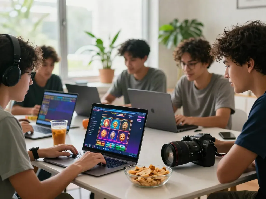 Friends enjoying slot gacor gampang menang on a laptop with snacks in a cozy living room setting.