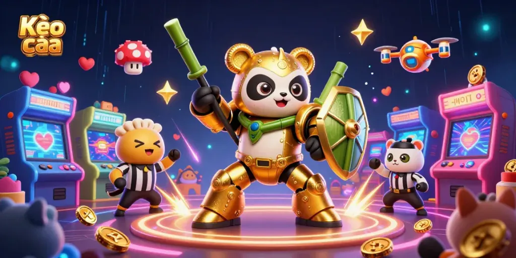 Experience thrilling action with Kèo nhà cái in a vibrant 3D casino arena featuring a golden panda and bamboo robot.