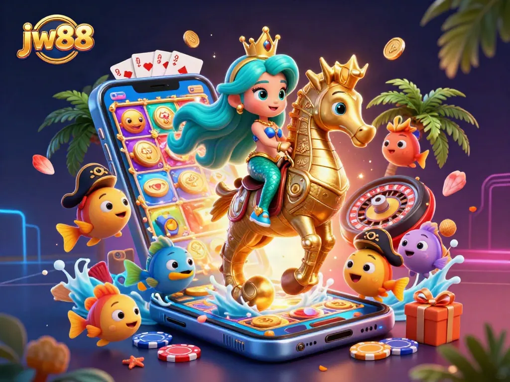 Engage with jw88's vibrant casino world featuring a mermaid and seahorse amidst colorful game elements.