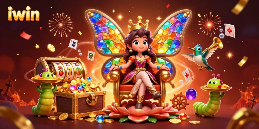 Win big at iwin with casino-themed 3D illustration featuring slots and vibrant characters.
