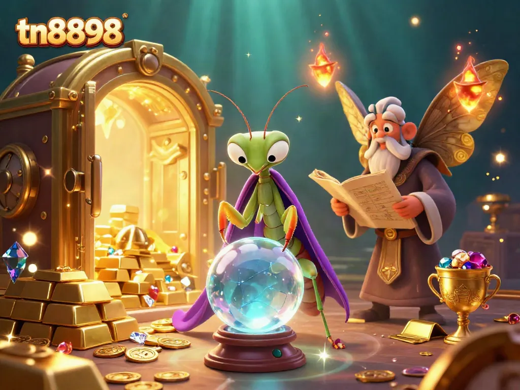 Experience tn8898's vibrant gambling magic with cartoon characters, gold and gems, and mystical elements.