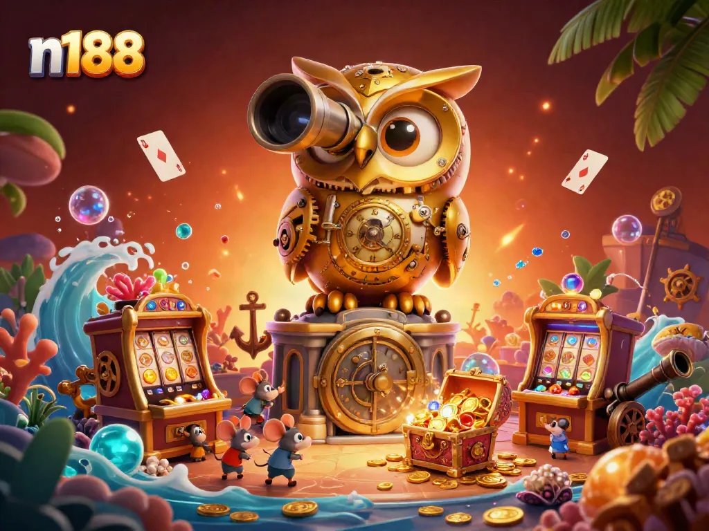 Experience thrilling slots at n188 with a vibrant casino scene featuring a unique owl mascot.
