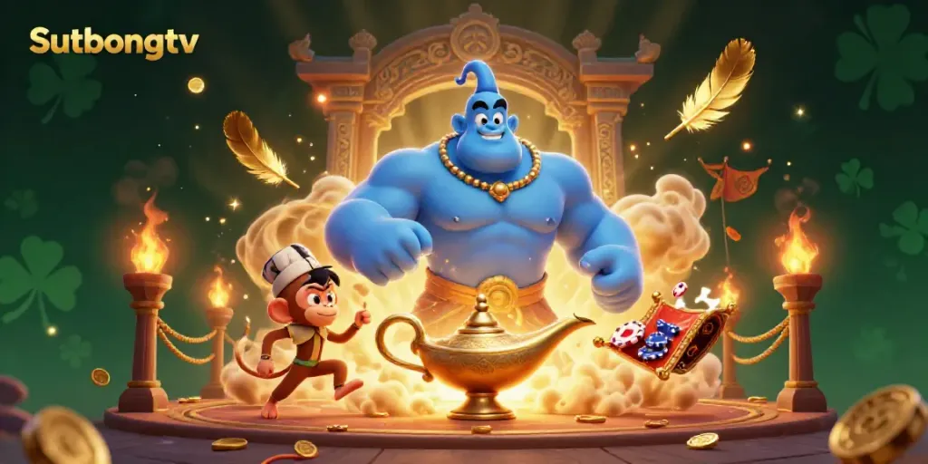 Sutbongtv showcases a 3D genie and monkey atop a magic carpet, surrounded by casino elements, creating an interactive gambling scene.