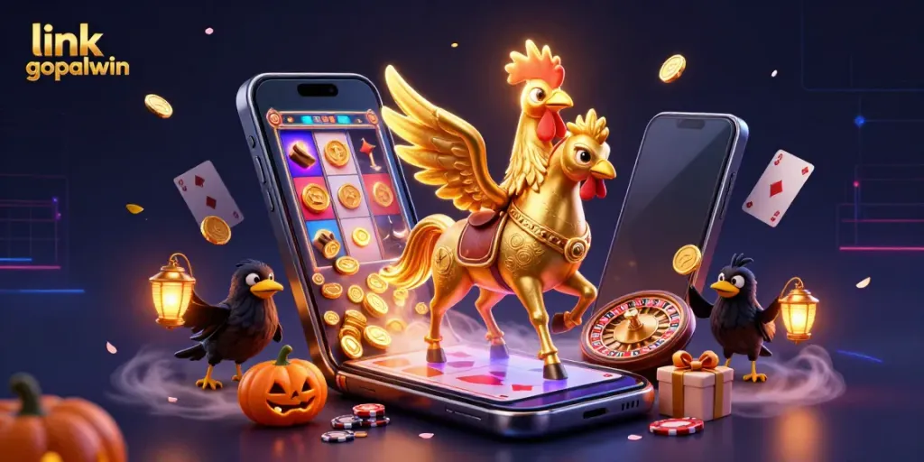 Engage with the vibrant atmosphere of link gopalwin as a golden rooster gallantly rides a spectral horse in a casino.