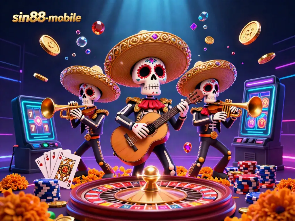 Experience the vibrant world of sin88-mobile with a mariachi band and exciting casino elements.