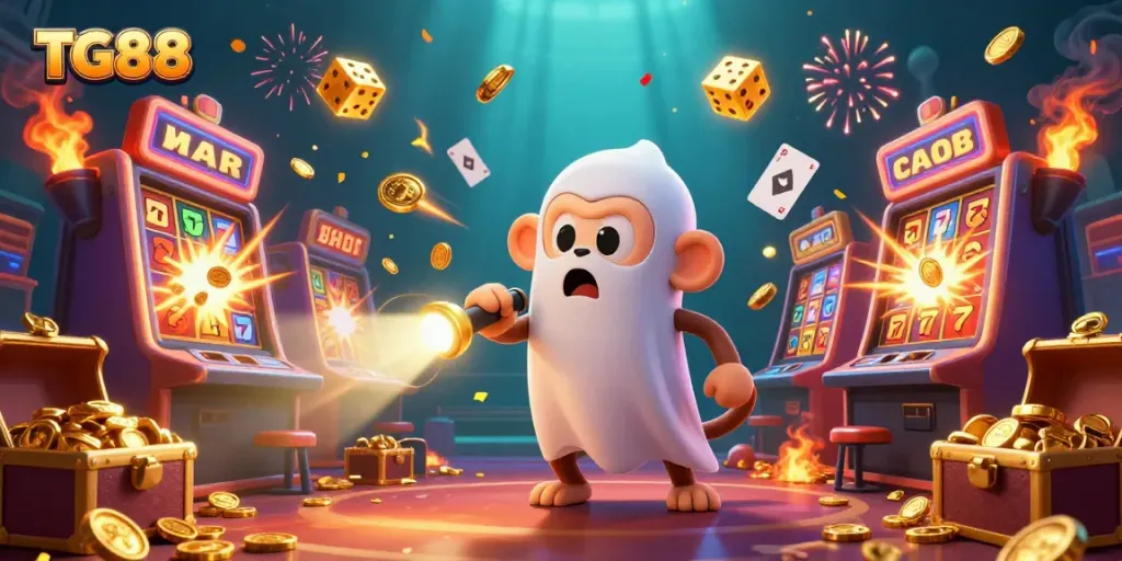 Experience excitement with TG88's playful characters amidst a vibrant casino scene full of golden rewards and dynamic elements.