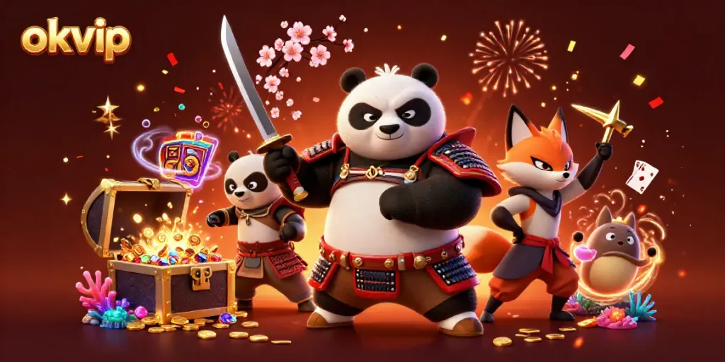 Experience the thrill of okvip with a 3D samurai panda leading a dynamic casino adventure.