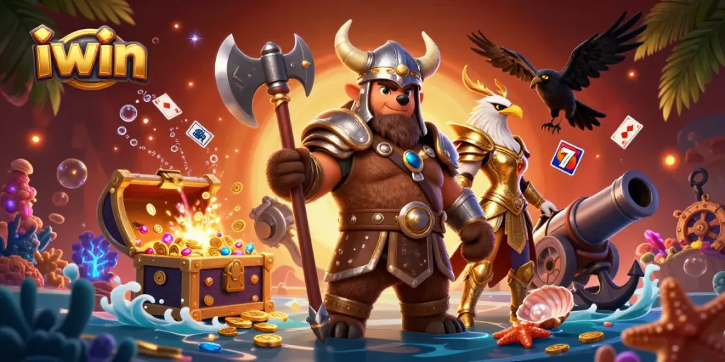 Experience thrilling iwin action with Viking bear and Valkyrie eagle amid a vibrant treasure scene.