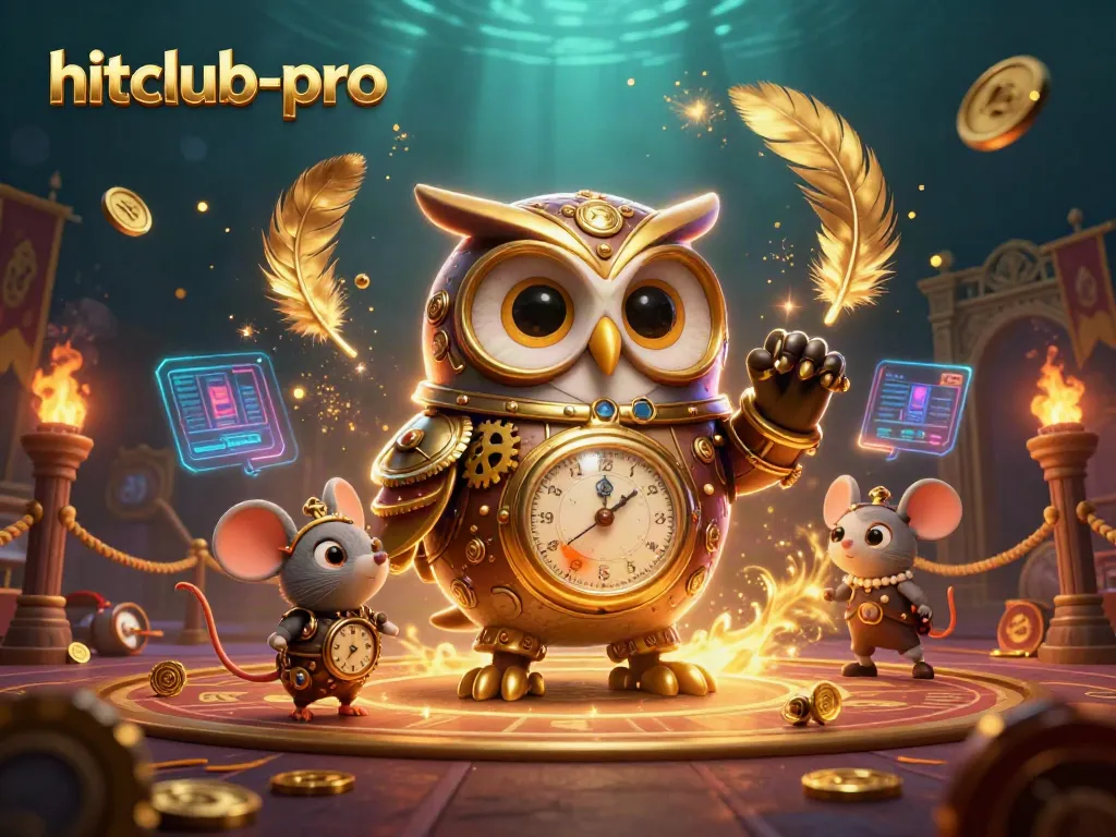 Experience winning excitement with the vibrant hitclub-pro casino scene featuring a steampunk owl and a clockwork mouse.