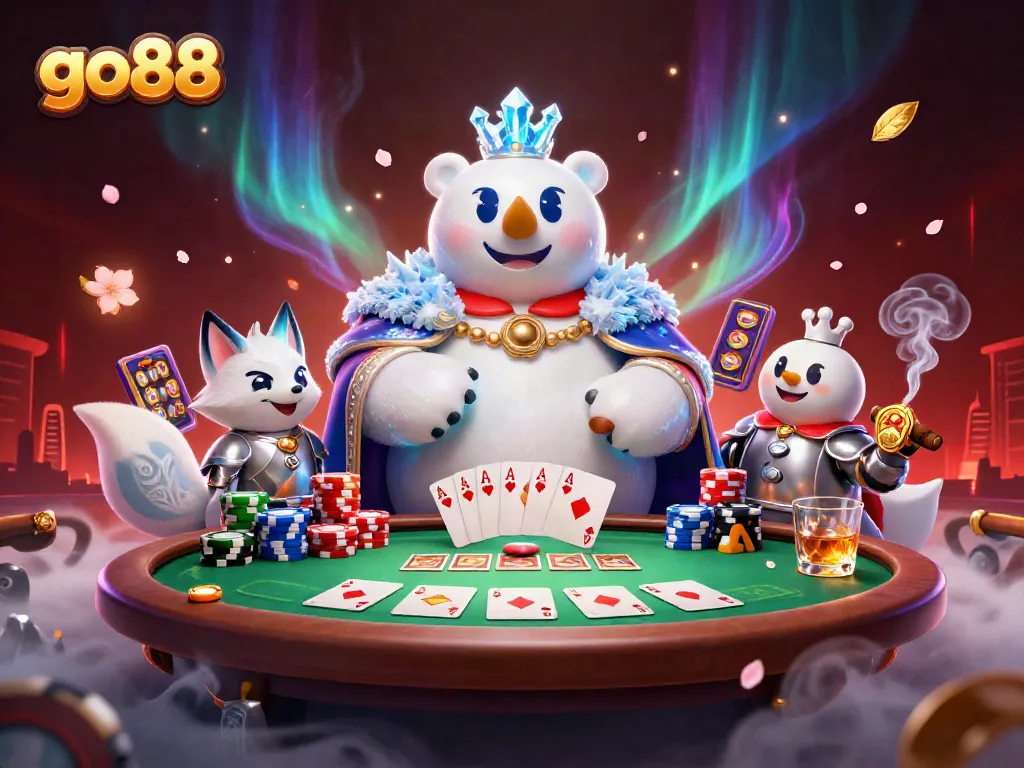 Experience go88's dynamic gaming scene featuring polar bear and fox amidst poker and slot elements.
