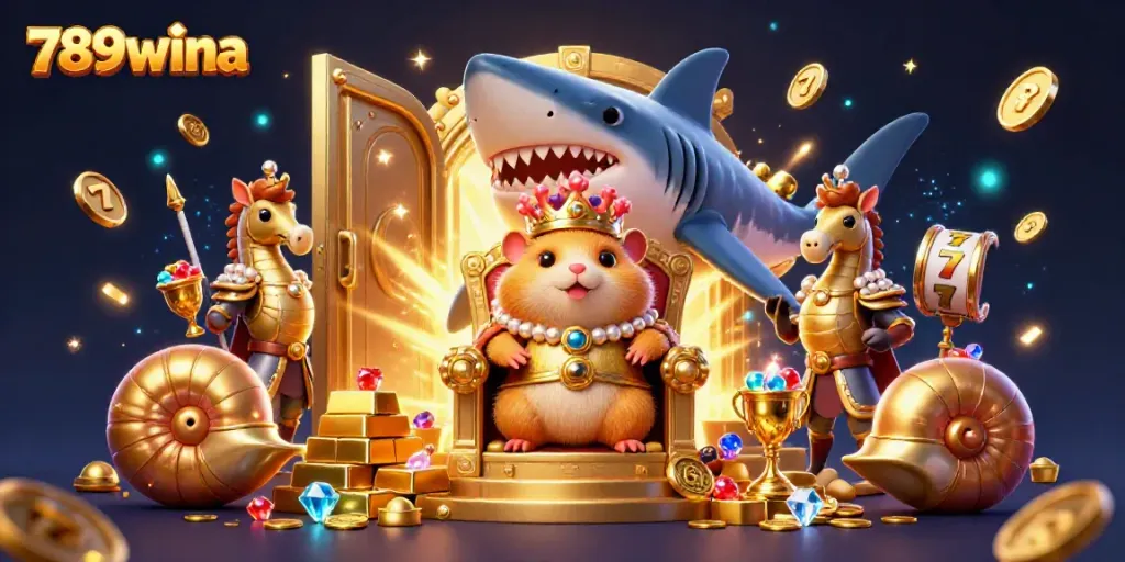 Engage with the vibrant world of 789wina as the golden hamster king reigns in a treasure-filled casino scene.