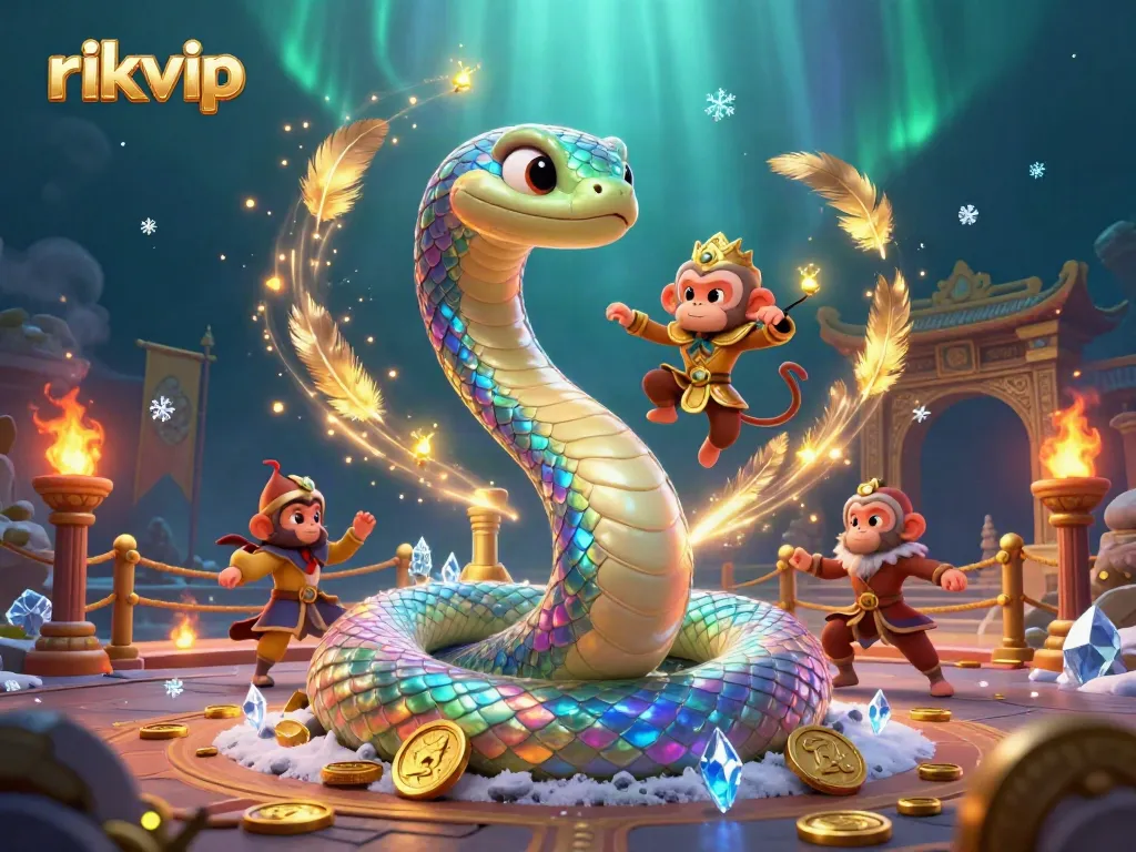 Experience lively gaming action with rikvip's vibrant 3D characters and golden treasures in a dynamic scene.