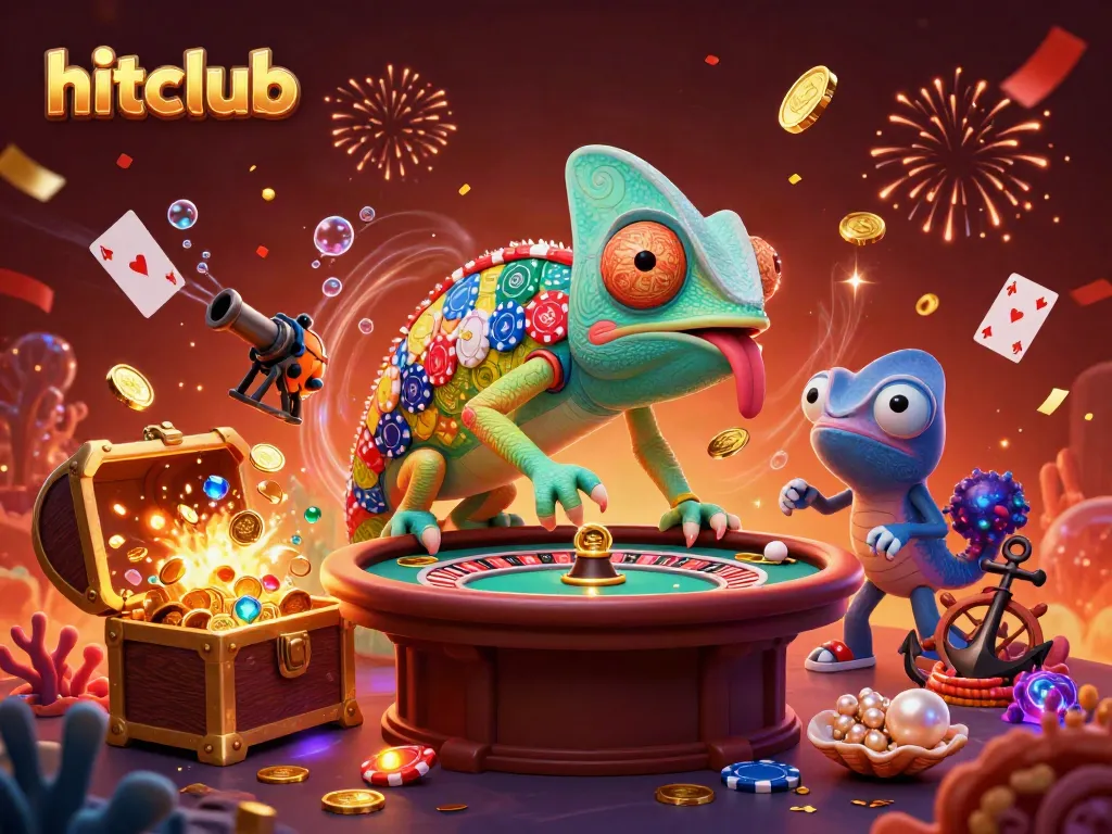 Engage in thrilling gameplay at hitclub with vibrant casino-themed scene featuring a chameleon owner.