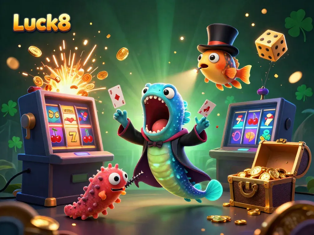 Experience thrilling jackpots at Luck8 with vibrant casino characters and dynamic gaming scenes.