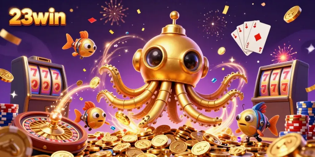 Experience the thrill of 23win with a vibrant casino scene filled with treasures and excitement.