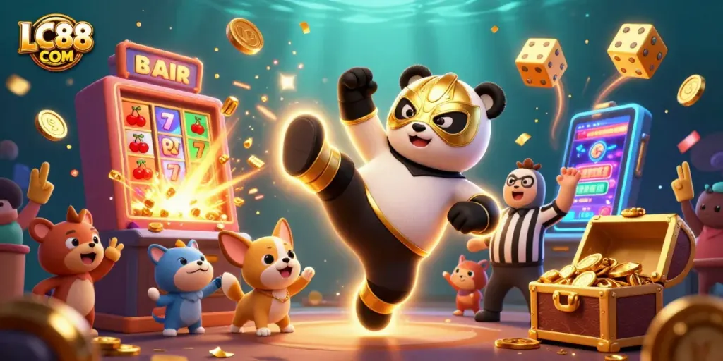 Experience the thrill of LC88 COM with animated characters celebrating a jackpot explosion!