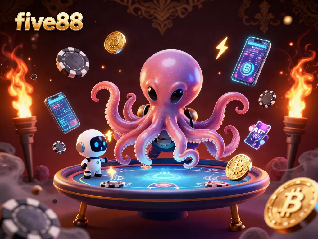 five88 showcases an animated octopus and robot at a poker table with orbiting cryptocurrency elements.