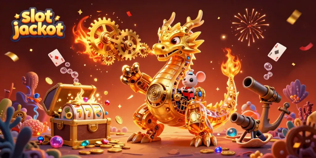 Experience the thrill of slot jackpot excitement through a golden dragon illustration.