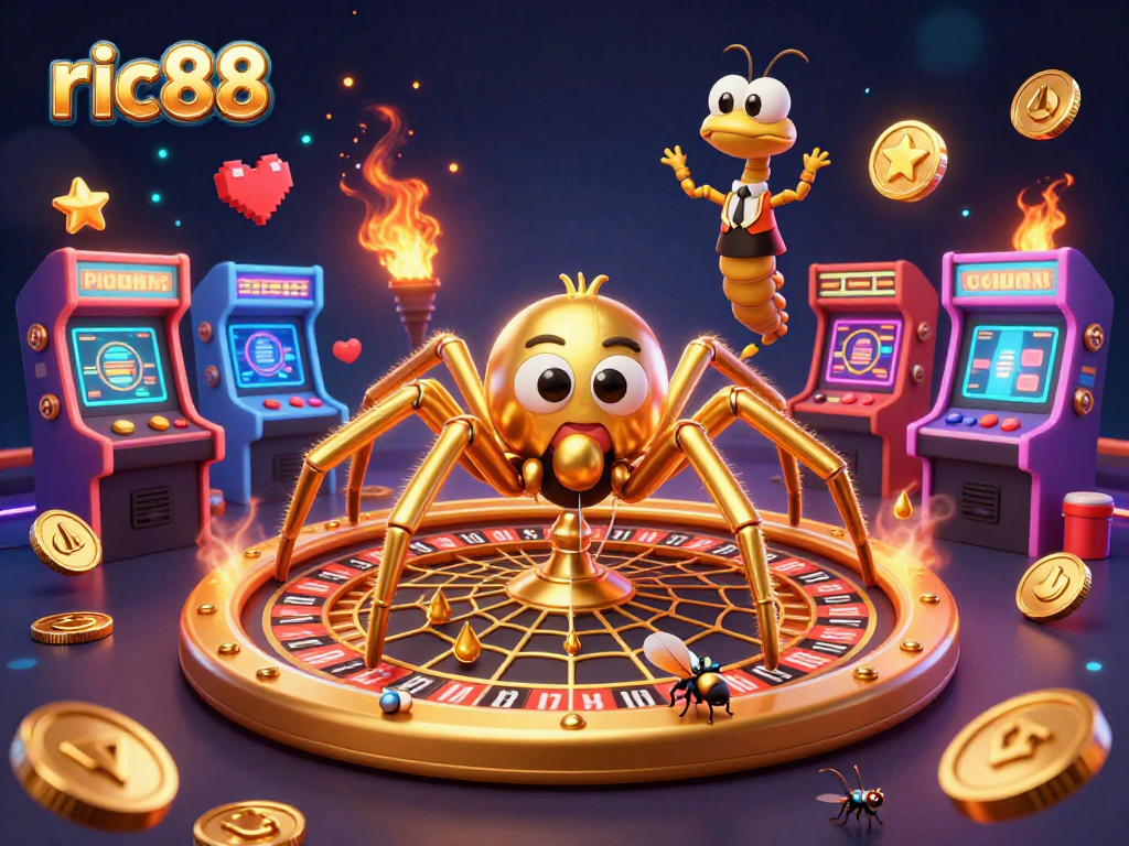 Experience ric88's thrilling gaming with a vibrant 3D casino scene featuring a spider and croupier!