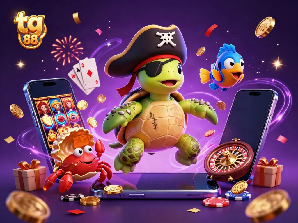 Engage with tg 88 casino adventures through a vibrant 3D illustration of a pirate turtle, crab, and fish among treasures.