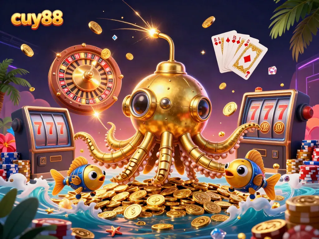 Experience the thrill of winning with cuy88's vibrant casino adventure featuring a golden kraken amidst cascading coins.