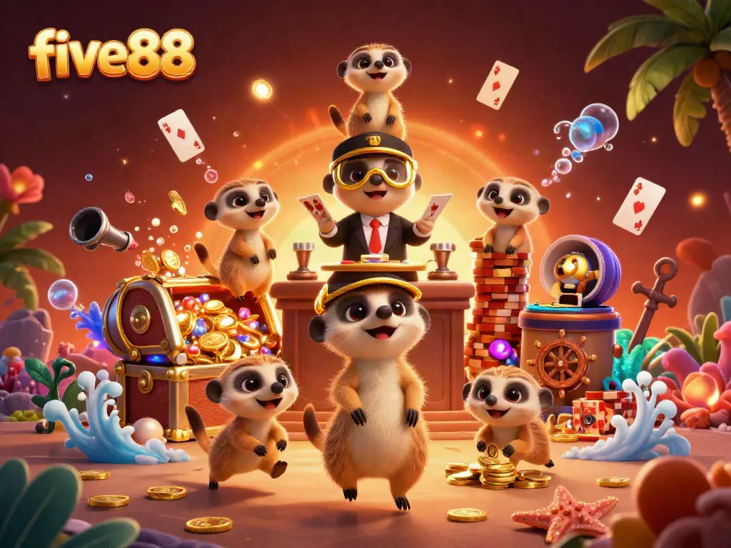 Experience five88 at its best with lively meerkats running a vibrant casino, full of color and excitement.