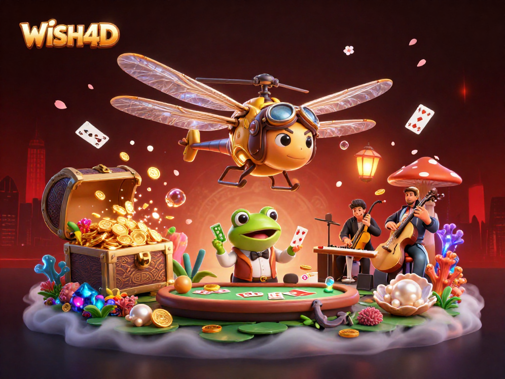 Engage in winning moments with WISH4D's vibrant casino scene featuring unique characters and elements.