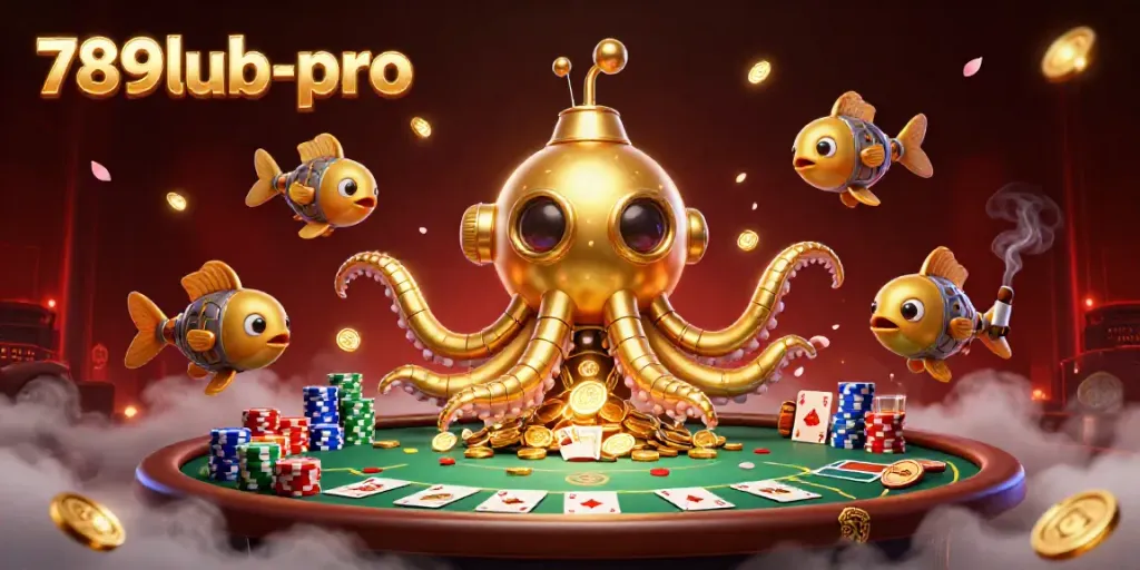 Engage in thrilling games at 789lub-pro with the dynamic illustration of a kraken submarine amidst a sea of gold and poker elements.