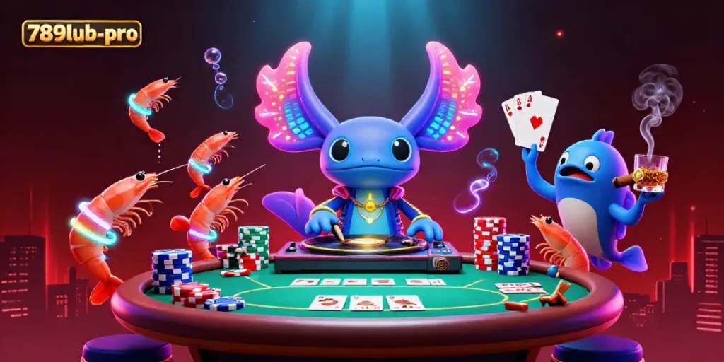 Experience the vibrant underwater casino atmosphere at 789lub-pro featuring a neon axolotl DJ, poker elements, and dynamic creatures.