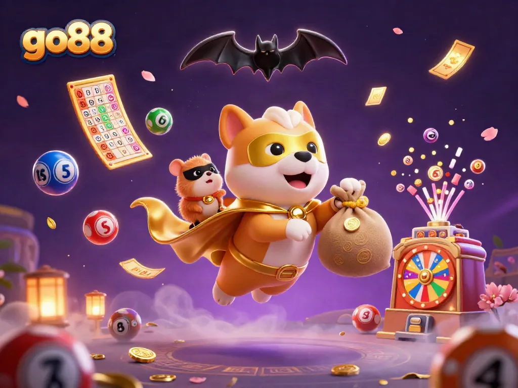 A vibrant casino-themed illustration showcasing go88 with a superhero dog, gold coins, and lottery elements.