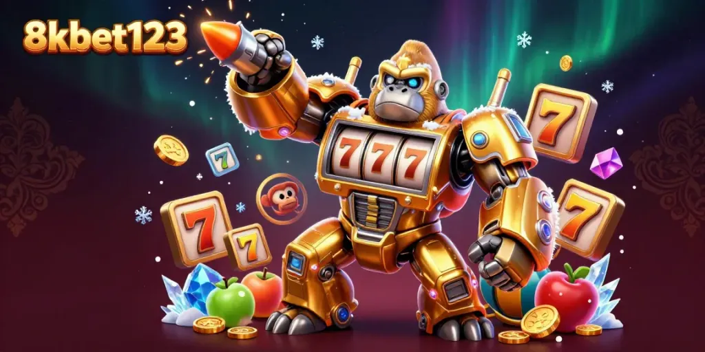 Experience dynamic gaming action with 8xbet123 featuring a golden slot machine gorilla mech amidst vibrant 3D game elements.