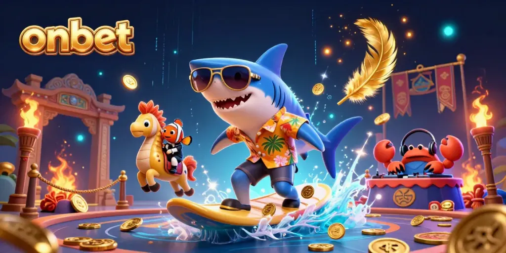 Experience thrilling gambling with onbet's vibrant casino scene featuring exciting characters and gold elements.