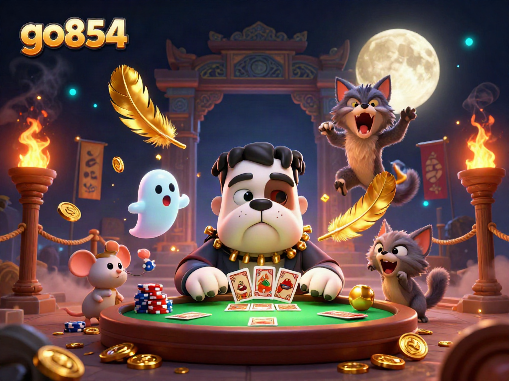 Join the excitement at go854 with a 3D cartoon scene of a bulldog monster dealing cards amid dazzling casino elements.