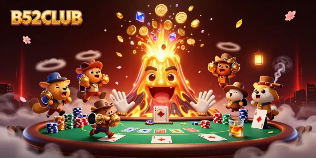 B52CLUB showcases a vibrant 3D illustration of a golden volcano erupting coins, reflecting exciting casino gameplay.