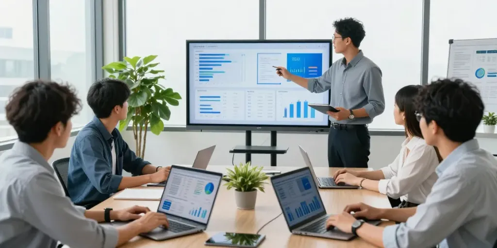 Collaboration at ISTANA404 digital workspace showing diverse professionals engaged in business analytics.