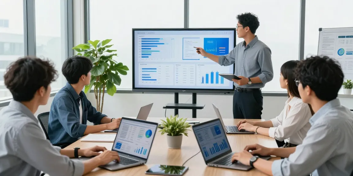 Collaboration at ISTANA404 digital workspace showing diverse professionals engaged in business analytics.