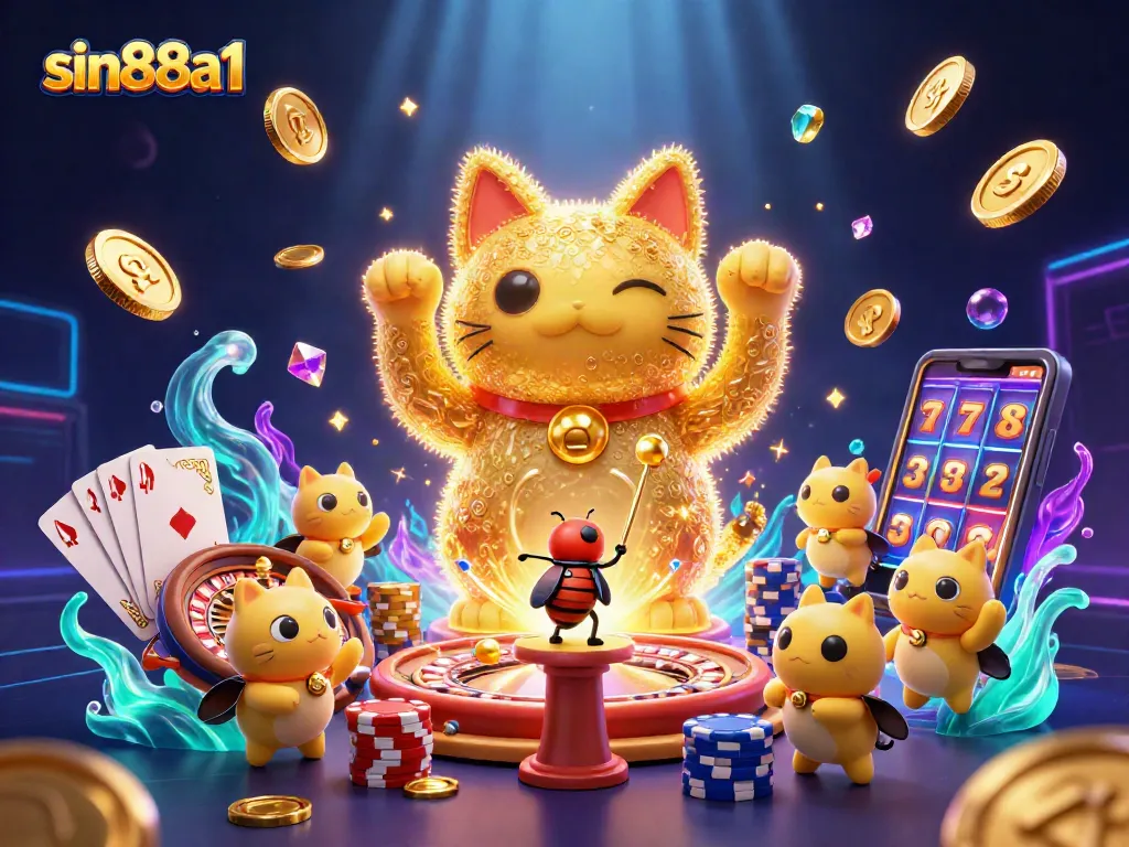Experience sin88a1 at a vibrant casino scene with a lucky cat and gaming symbols.