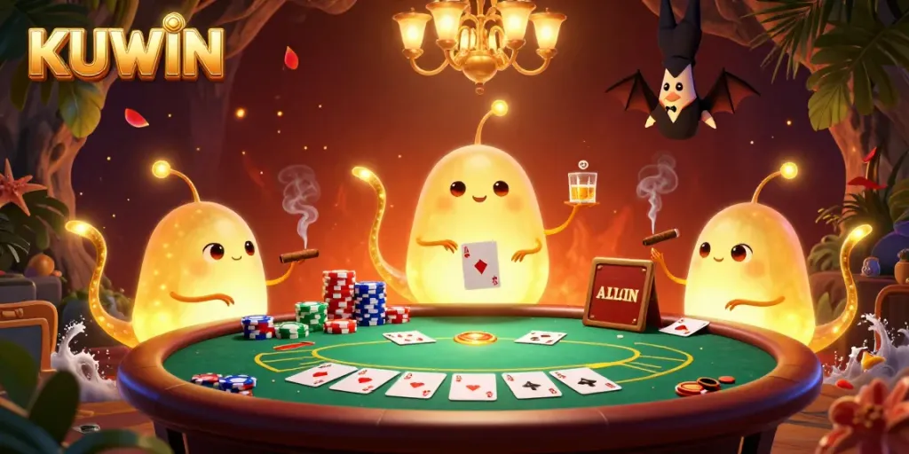 Experience KUWIN's lively cave casino with glowworms illuminating poker tables and a bat dealer in a dynamic 3D scene.