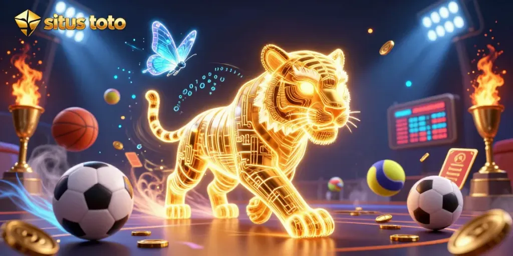 Situs toto showcases excitement in digital sports betting with a golden tiger and flying sports elements.