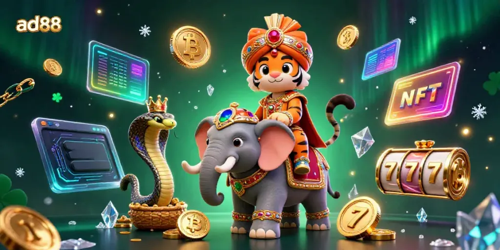 Experience the excitement of ad88 with a vibrant casino scene featuring an animated Indian maharaja and rich gaming elements.