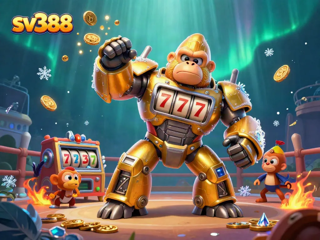 Experience the thrill of sv388 cockfighting with dynamic visuals of a golden gorilla mech punching upwards, surrounded by fiery elements.