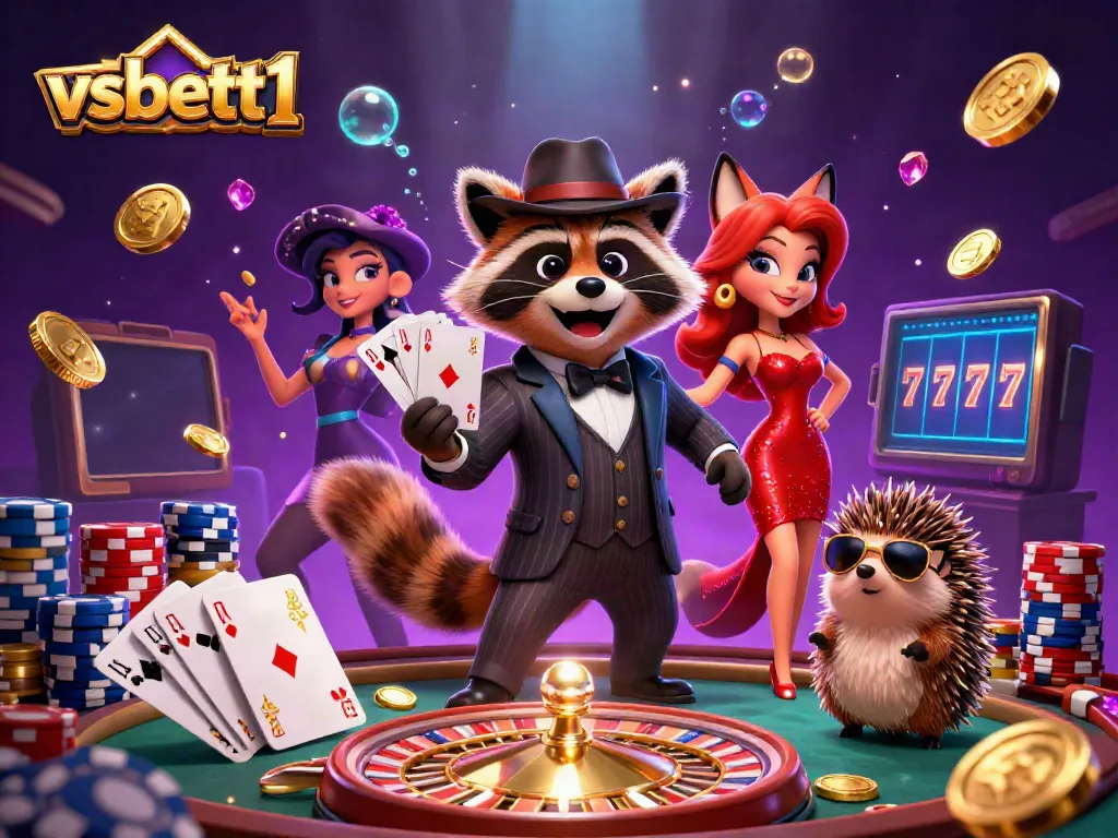 Experience the excitement of vsbett1 with a suave raccoon, glamorous fox, and vibrant casino elements.